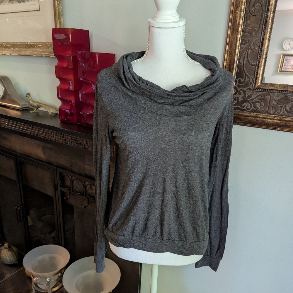 Splendid Gray Cowl Boat Neck Knit Top Soft Stretchy Women's Medium Crop 62